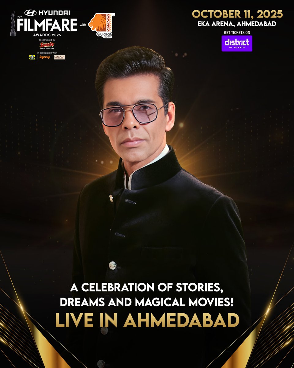 filmfare's tweet photo. One Unforgettable Night, Three Hosts, and Endless Entertainment 💫

#ShahRukhKhan, #KaranJohar, and #ManieshPaul bring the glamour, laughter, and magic to the #70thHyundaiFilmfareAwards2025withGujaratTourism on October 11, at Eka Arena, Ahmedabad .✨

Book your seats for the celebration now: https://t.co/PfKlmxt4TL

Title Partner: @HyundaiIndia 

Destination Partner: @GujaratTourism 

Co-Powered By: Sweety by MR Group

Associate Partners: @Gopal_Namkeen 

@Supersox_India 

Sansaar A D'Decor Brand

#70thFilmfareAwards2025withGujaratTourism #GujaratTourism #FilmfareAwards2025 #Filmfareawards #Filmfare #FilmfareInGujarat #KuchhDinToGuzaroGujaratMein #KhushbuGujaratKi #TheLandOfLegends

#HyundaiIndia