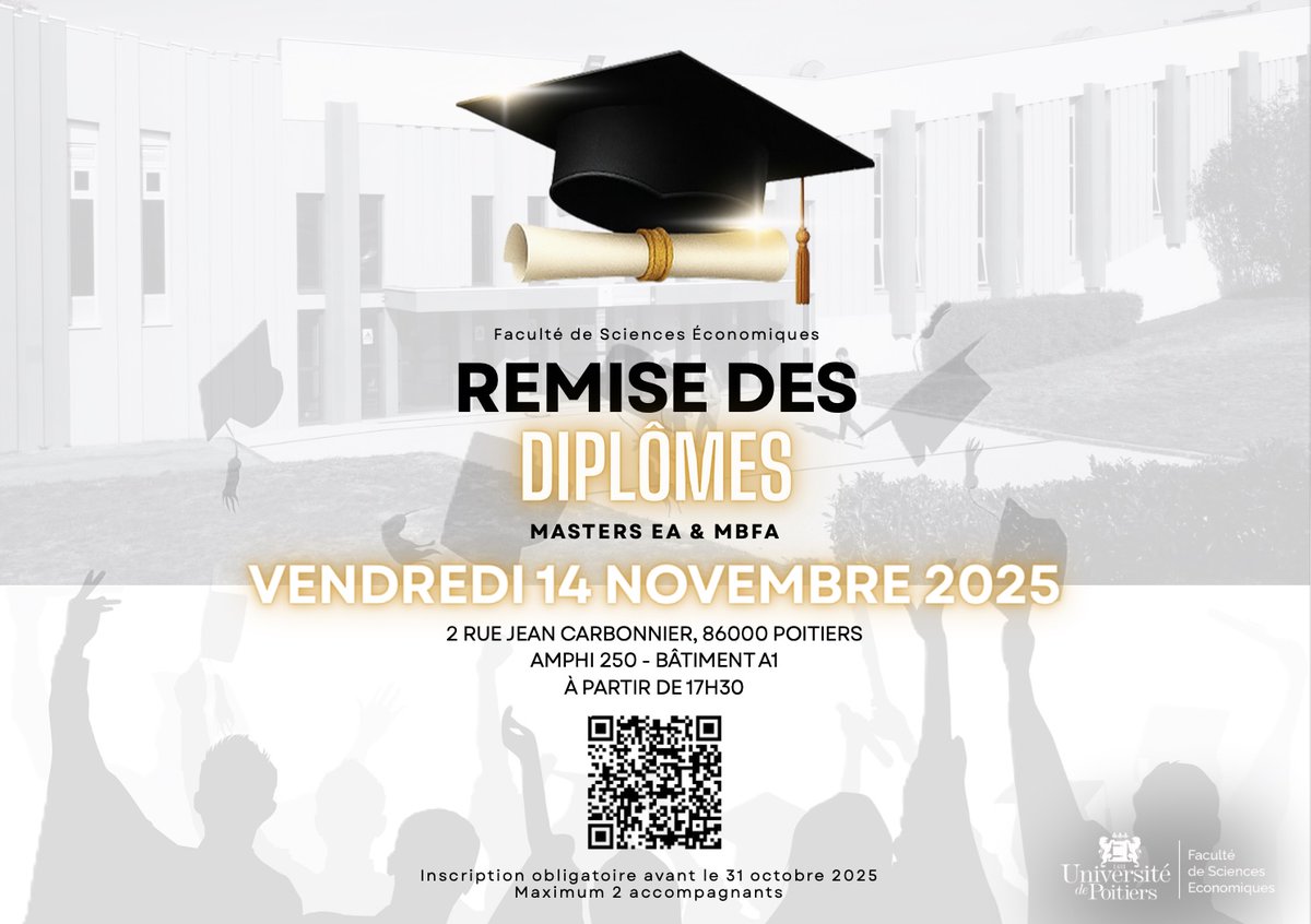 🚨 SAVE THE DATE : la remise des diplômes 🎓 des Masters EA et MBFA se tiendra le vendredi 14 novembre 2025. 
Renseignement et inscription  ⤵️