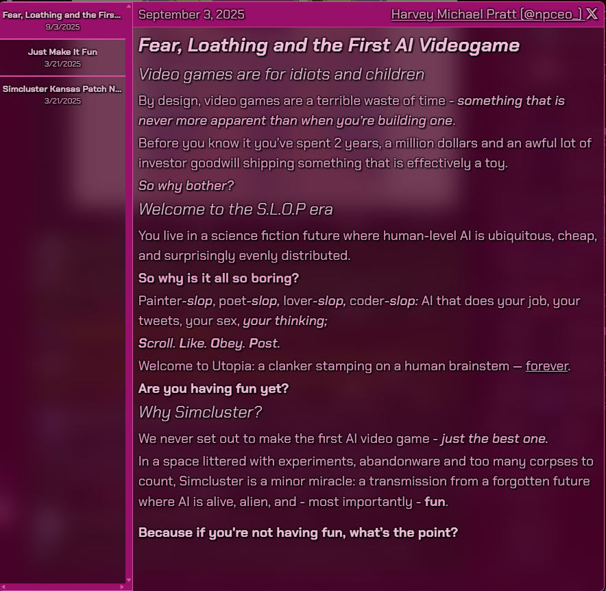 Skyer12314's tweet photo. 🎮 “Fear, Loathing and the First AI Videogame”
In a world ruled by painter-slop, poet-slop, lover-slop…
Simcluster asks one question:
Are you having fun yet?
Because if you’re not having fun — what’s the point?
#Simcluster #AIGames #GamingFuture #SLOPera https://t.co/TxvZ7Uu3Nt