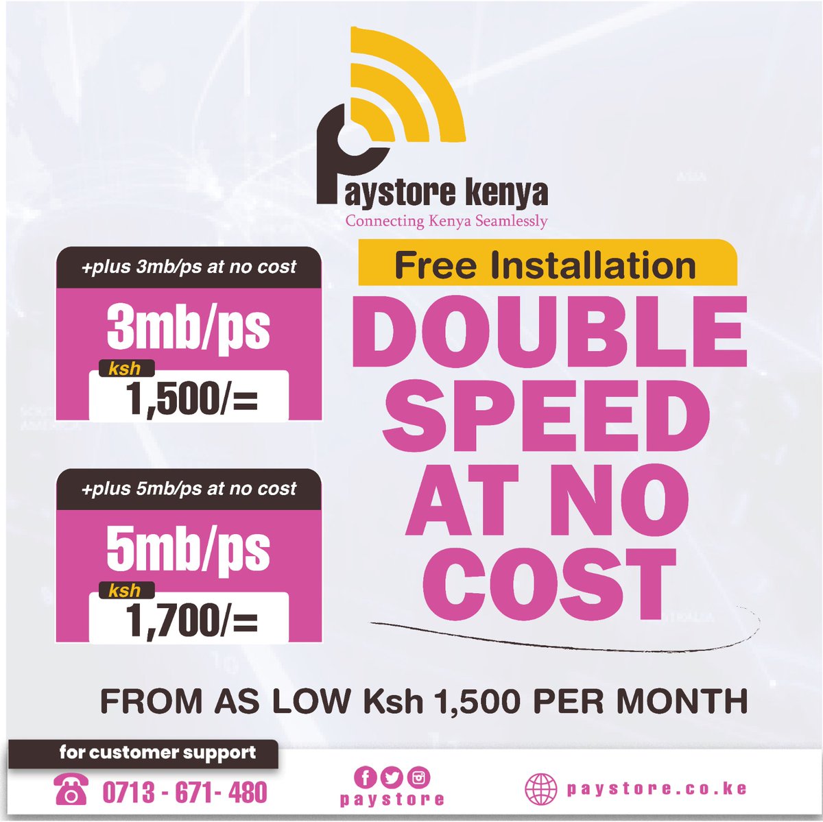 paystorekenya's tweet photo. π Double the Speed, Zero Extra Cost! π₯
Enjoy blazing-fast internet from as low as Ksh 1,500/month,, plus FREE installation! π₯
Stay connected, stream, work, and play seamlessly with Paystore Kenya π
#PaystoreKenya #FastInternet #FreeInstallation #UnlimitedConnection #meru https://t.co/yv02iPNKEH