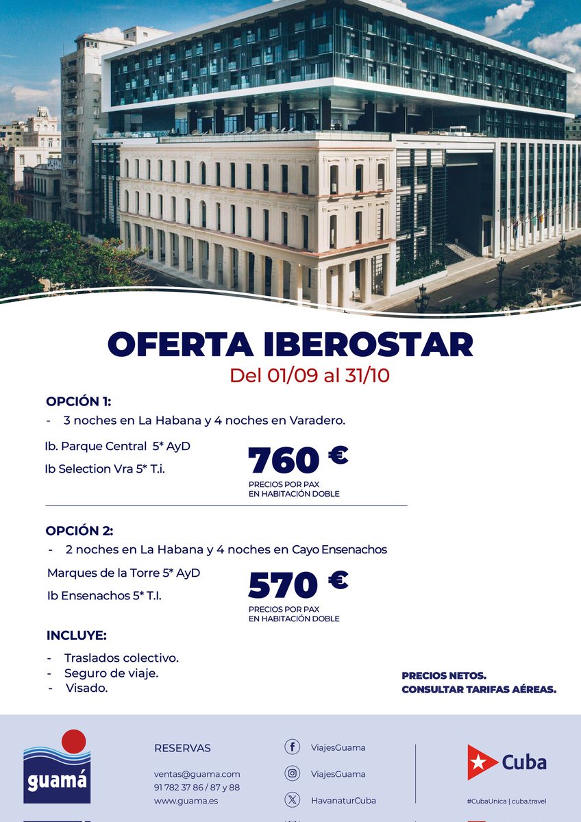 Los hoteles Iberostar ofrecen una estancia cómoda, agradable y detallista. Descubre un viaje especial en una isla donde su música y cultura te llevarán a lugares desconocidos. Descúbrelo con Viajes Viajes Guamá 

#CubaTeEspera #AtreveteaVivirlo #IBEROSTARCuba