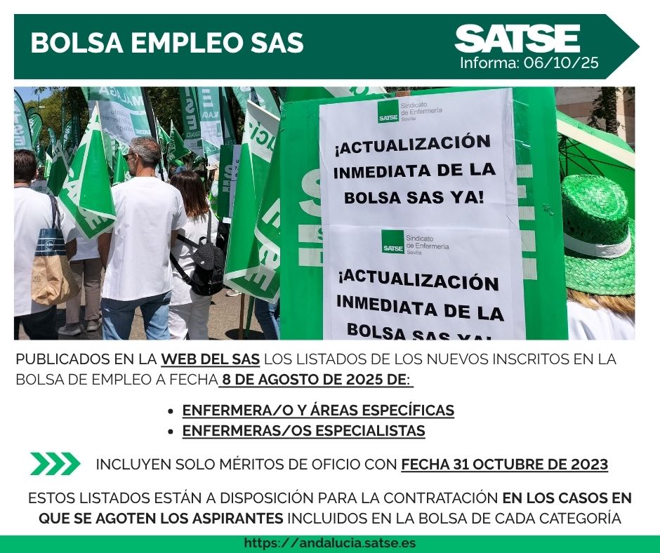 🆕 #BolsaSAS: Publicadas las listas de nuevos inscritos a 8 de agosto de #Enfermera y Enfermera Especialista
👉 #SATSE ha vuelto a reclamar al SAS la publicación de cortes actualizados y la respuesta a recursos pendientes del corte 2023
🔗Consulta aquí: andalucia.satse.es/noticias/-/v/6…