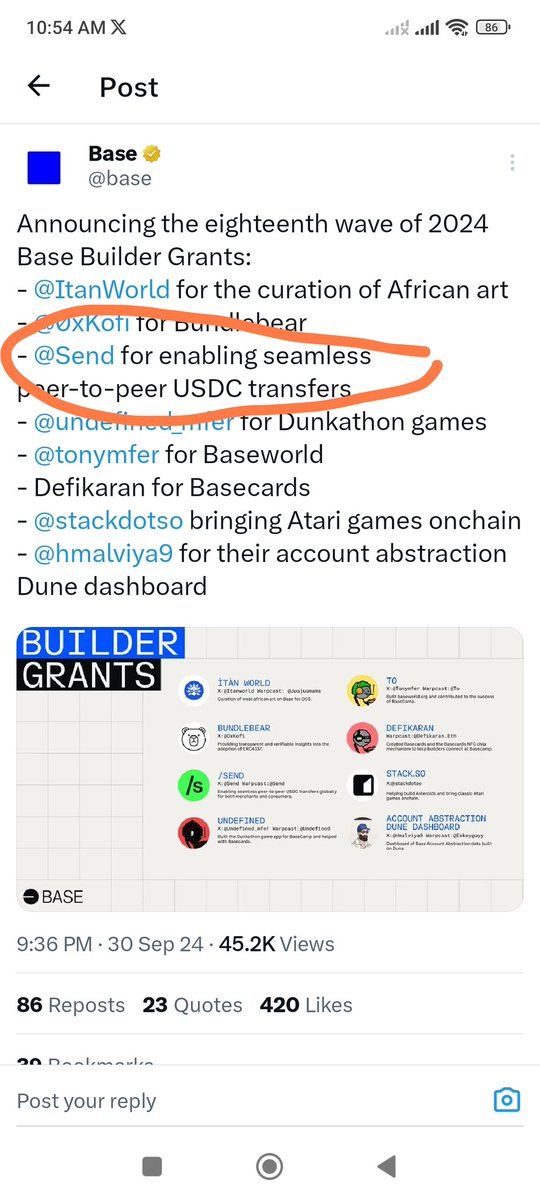 Sendを特集するBase Builder Grantsの発表スクリーンショット