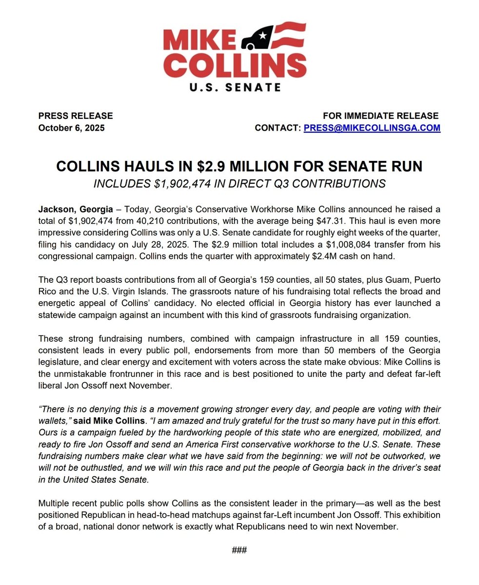 CollinsPressGA's tweet image. Q3: Congressman @MikeCollinsGA hauls in $2.9M for U.S. Senate run in Georgia. #gapol #gasen