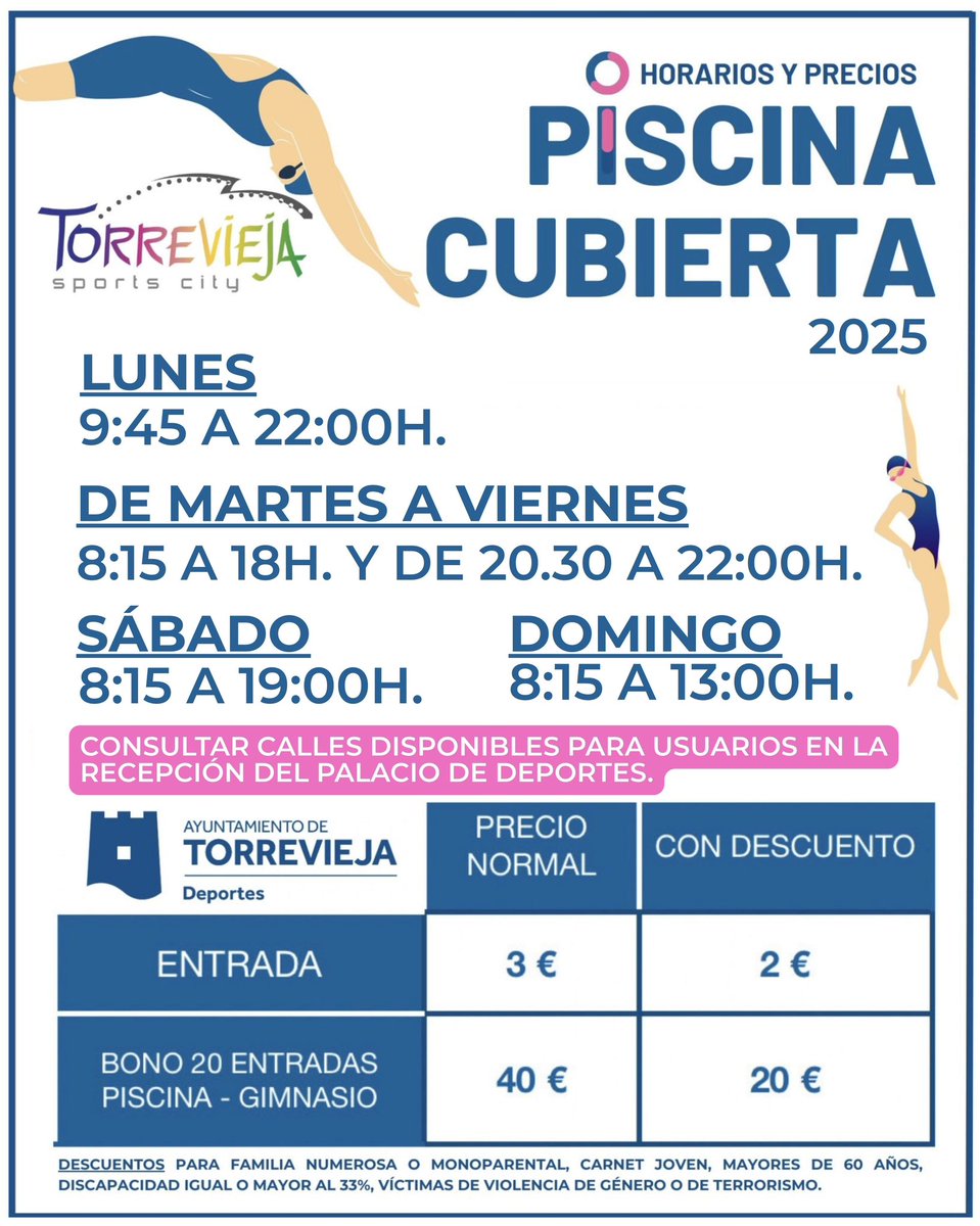 🕢Nuevo horario de la PISCINA MUNICIPAL CUBIERTA💦

#TorreviejaEsDeporte
#🤾‍♂️⚽️🏀🏓🏒🥋🤸‍♂️⛹️🏊🏻‍♂️🚣🏻🚴🏉🏆
@DeportesAyuntamientoTorrevieja
#JuntosSomosMasFuertes