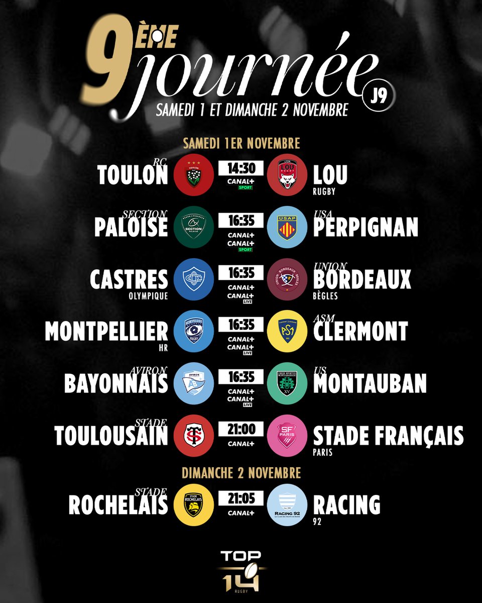 top14rugby's tweet image. La programmation des dates et horaires de la 9ᵉ journée de #TOP14 est désormais connue 🗓️📷