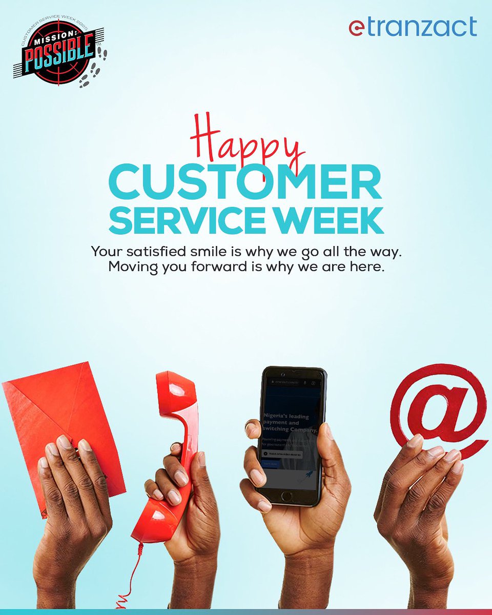 It's Customer Service Week, and we're embracing the Mission: Possible spirit! Your satisfaction is the key to everything we do. Thank you for letting us be the ones to move you forward. 
.
.
#eTranzact #CustomerService #MissionPossible #WeGoAllTheWay #CustomerServiceWeek