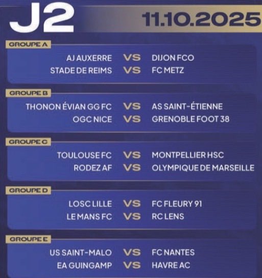 📅 𝐋𝐞 𝐩𝐫𝐨𝐠𝐫𝐚𝐦𝐦𝐞 :

𝐺𝑟𝑜𝑢𝑝𝑒 𝐴 
<a href="/AJA_Feminines/">AJA Féminines</a> 🆚 <a href="/DFCO_Officiel/">Dijon FCO</a> 
<a href="/StadeDeReims/">Stade de Reims</a> 🆚 <a href="/FCMetz/">FC Metz ☨</a> 

𝐺𝑟𝑜𝑢𝑝𝑒 𝐵
<a href="/GrandGeneveFC/">Thonon Evian Grand Genève FC</a> 🆚 <a href="/ASSEFeminines/">ASSE Féminines 👸</a> 
<a href="/ogcnice/">OGC Nice</a> 🆚 <a href="/GF38_Feminines/">GF38 Féminines</a> 

𝐺𝑟𝑜𝑢𝑝𝑒 𝐶
<a href="/ToulouseFC/">Toulouse FC</a> 🆚 <a href="/MontpellierHSC/">MHSC</a> 
<a href="/OfficielRAF/">Rodez Aveyron Football</a> 🆚 <a href="/OMfeminines/">Les Marseillaises</a>