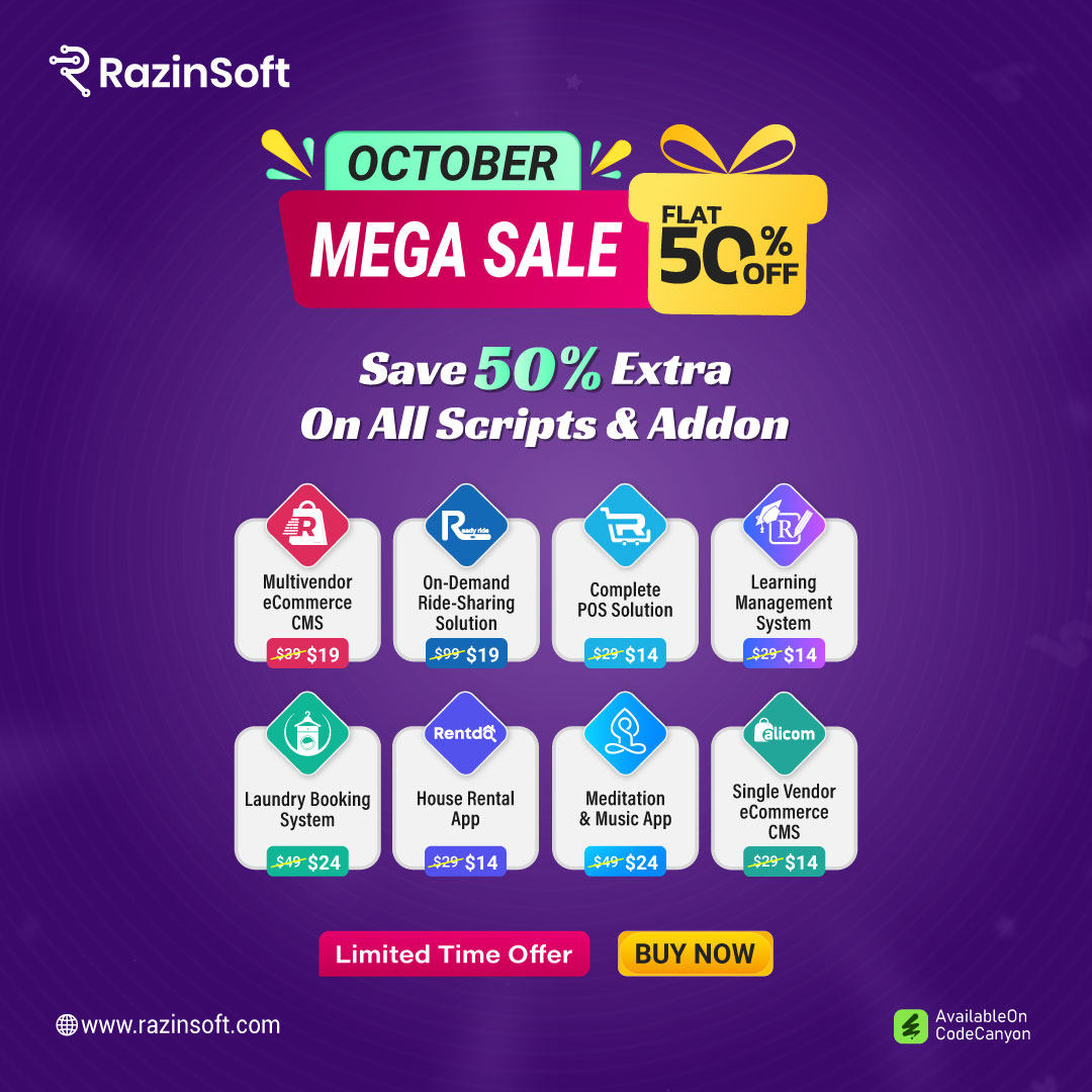 RazinSoft's tweet image. 🚀 𝐎𝐜𝐭𝐨𝐛𝐞𝐫 𝐌𝐞𝐠𝐚 𝐒𝐚𝐥𝐞 𝐢𝐬 𝐋𝐢𝐯𝐞! 🎉
It’s your chance to grab 𝐅𝐥𝐚𝐭 𝟓𝟎% 𝐎𝐅𝐅 on all RazinSoft Scripts & Add-ons — no code needed!
🔥 Save 𝟓𝟎% 𝐄𝐱𝐭𝐫𝐚 on every purchase
#RazinSoft #OctoberMegaSale #CodeCanyon #WebAppScripts #eCommerceScript