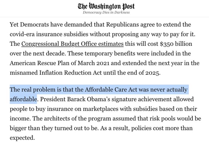 A screenshot of an article from The Washington Post. The text discusses Democrats, Republicans, and the Affordable Care Act, mentioning President Barack Obama. Visible text includes "The Washington Post" logo, "Democracy Dies in Darkness," and details about Covid-era insurance subsidies and the American Rescue Plan of March 2021.