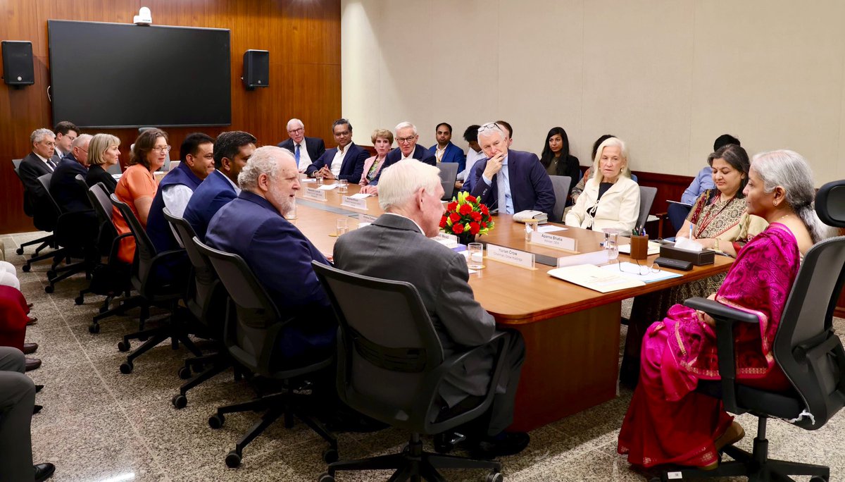 FinMinIndia's tweet photo. Union Minister for Finance and Corporate Affairs Smt. @nsitharaman interacted with a US delegation led by Mr. Walter Russell Mead, @HudsonInstitute, in New Delhi, today. 

Discussions focused on geopolitical developments and shared interests within the India–US partnership. 

The delegation included representatives from leading US institutions such as the @HudsonInstitute, American Enterprise Institute @AEI , Eagle Capital Management, Crow Holdings and Rationalwave Capital Partners.