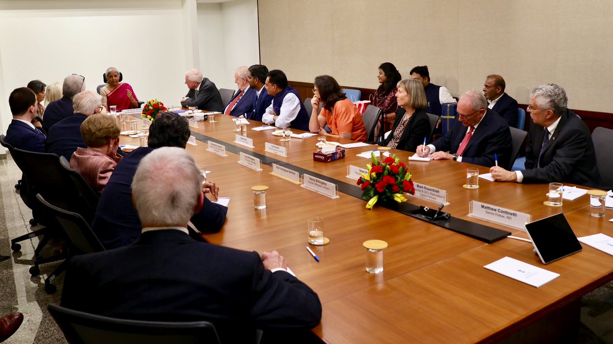 FinMinIndia's tweet photo. Union Minister for Finance and Corporate Affairs Smt. @nsitharaman interacted with a US delegation led by Mr. Walter Russell Mead, @HudsonInstitute, in New Delhi, today. 

Discussions focused on geopolitical developments and shared interests within the India–US partnership. 

The delegation included representatives from leading US institutions such as the @HudsonInstitute, American Enterprise Institute @AEI , Eagle Capital Management, Crow Holdings and Rationalwave Capital Partners.