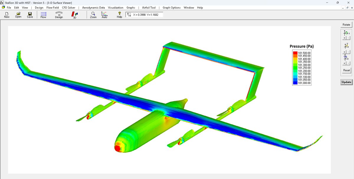pat_hanley's tweet image. #UAV with stopped rotor 
Stallion 3D solution of #OpenVSP CAD in cruise config.
About Stallion 3D ➡️ hanleyinnovations.com
About RANS Solution 🛩️ 1.5 million cells, built-in flow-vis,  8-core laptop