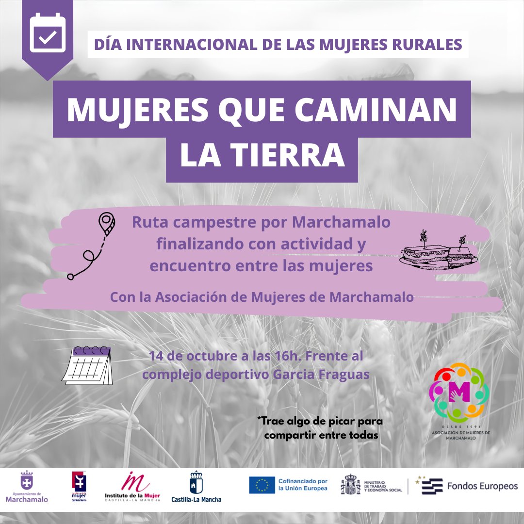 Día Internacional de las Mujeres Rurales
Se realizará una ruta compartiendo historias, vivencias  y al finalizar se realizará un mural colectivo
14 de octubre a las 16h. Frente al complejo deportivo García Fraguas. Actividad realizada con la Asociación de Mujeres de Marchamalo