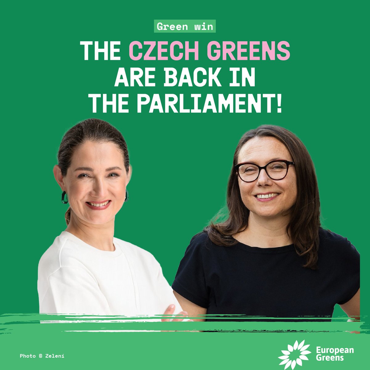 🎉 GREEN WIN! The Czech Greens (<a href="/zeleni_cz/">Zelení</a>) are back in the Parliament for the first time since 2010!

Congrats to Gabriela Svárovská &amp; Irena Ferčíková Konec.

💚 They will fight for greener &amp; fairer solutions for the people of Czechia &amp; we can’t wait to see it!