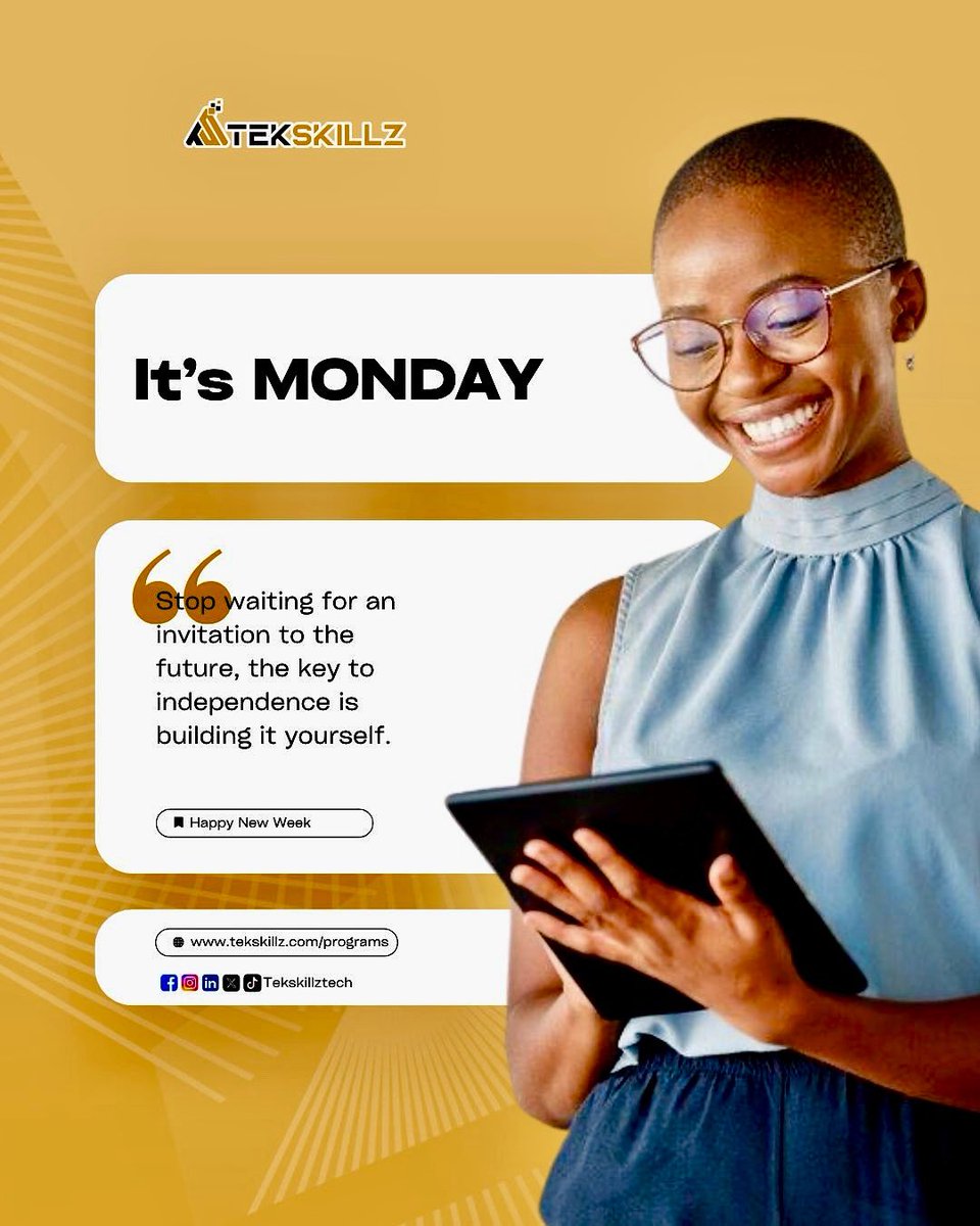 TekskillzTech's tweet image. New week, new chances to grow 🌟

Stop waiting for an invitation to your future  start building it today. Every skill you learn, every project you take on, brings you one step closer to independence and success. 💪

#MondayMotivation #Tekskillz #CareerGrowth #DigitalSkills