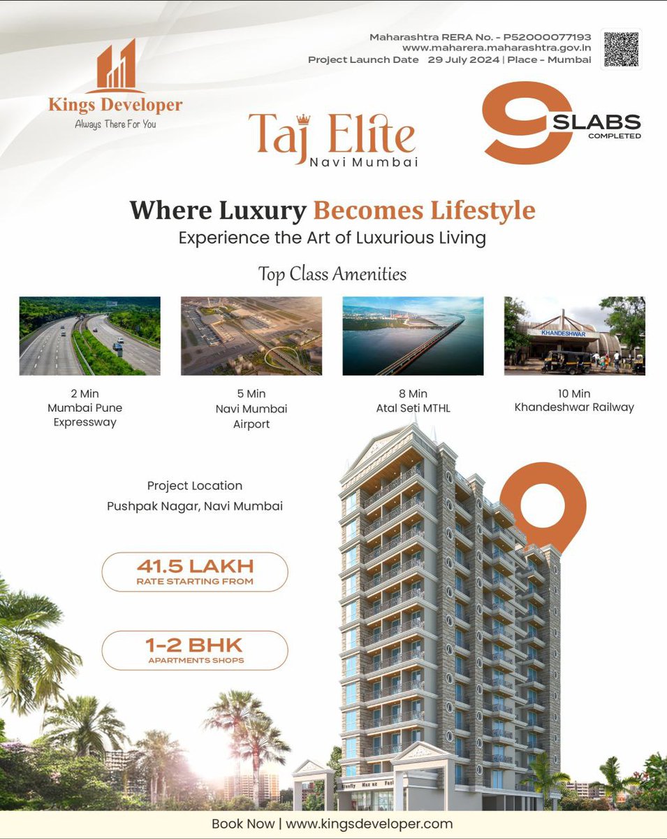 developer_kings's tweet image. ✨ Discover luxury living at Taj Elite, Navi Mumbai! 🌴 Starting at 41.5 Lakh, enjoy 1-2 BHK apartments with top-class amenities. Located in Pushpak Nagar, just 2 mins from Mumbai Pune Expressway and 5 mins from Navi Mumbai Airport. 📍 #TajElite #LuxuryLiving #NaviMumbai