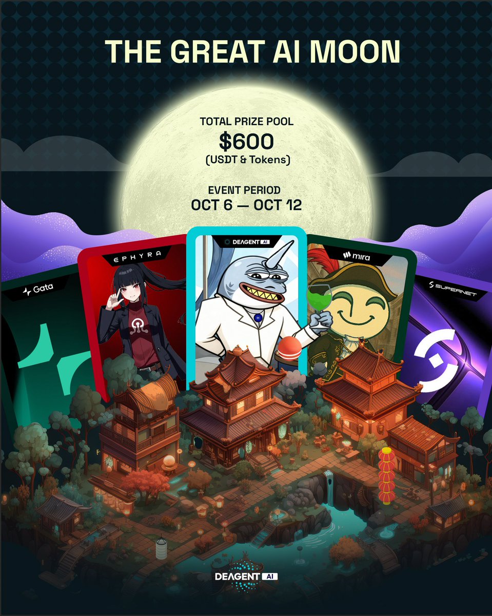 DeAgentAI's tweet image. The moon is high. The cards are on the table. 🃏
The AI Crew assembles for THE GREAT AI MOON. A $600 Mid-Autumn treasure awaits.

To Win:
1️⃣ Follow the whole crew:
@DeAgentAI @MiraNetworkCN @Gata_xyz @SuperNet_AI @EPHYRA_AI
2️⃣ Like &amp;amp; RT
3️⃣ Roll call: Spot the alliance members in…