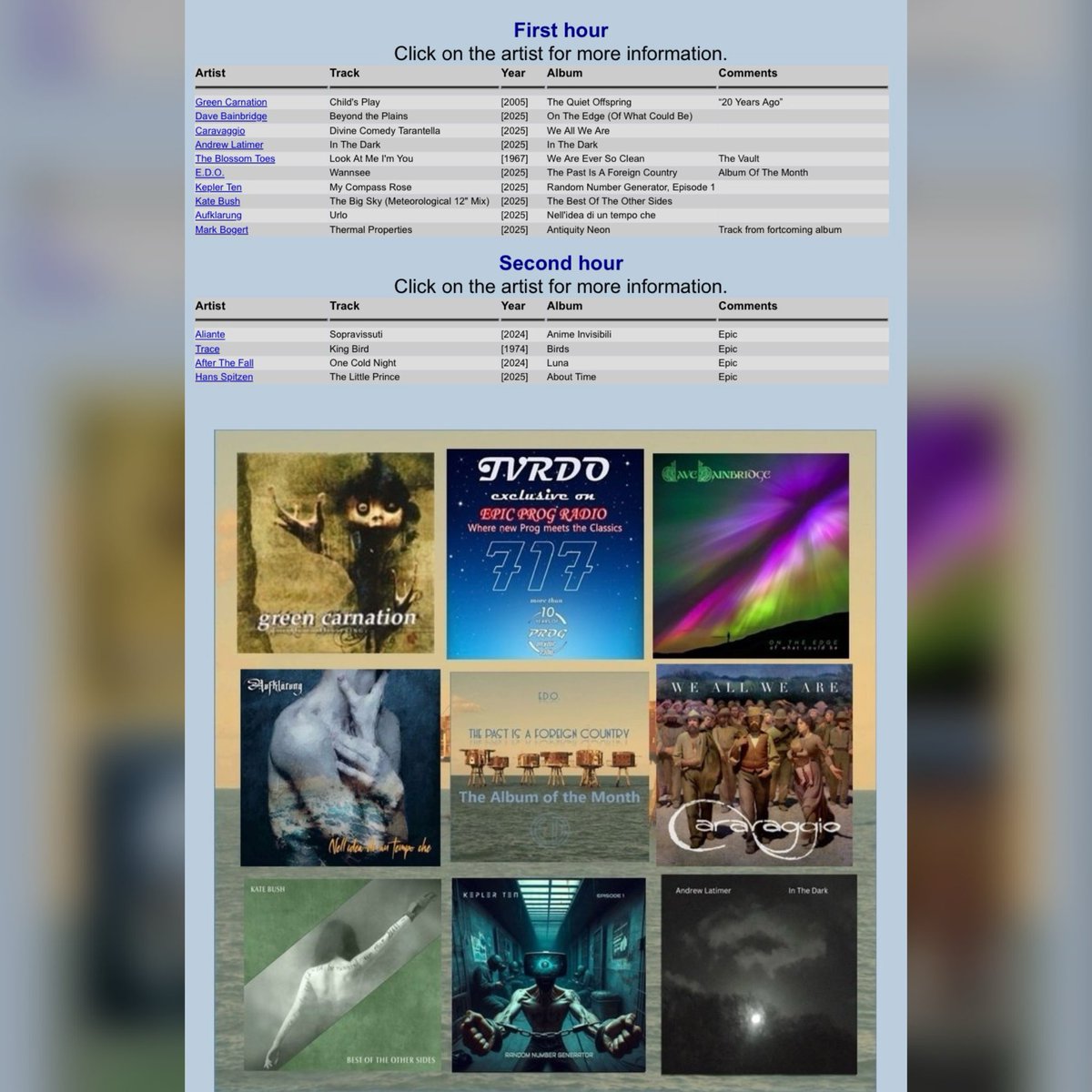 Tonight on Epic Prog Radio

Epic Prog and Rock World
Presenter, Bob Prigmore
8pm CET, 7pm UK time, 2pm EST

TVRDO Show
Presenter, Frans Verweij
10pm CET, 9pm UK time, 4pm EST

epicprogradio.com
linktr.ee/epicprogradio

#progressiverock #progrock #airplay #epicprogradio