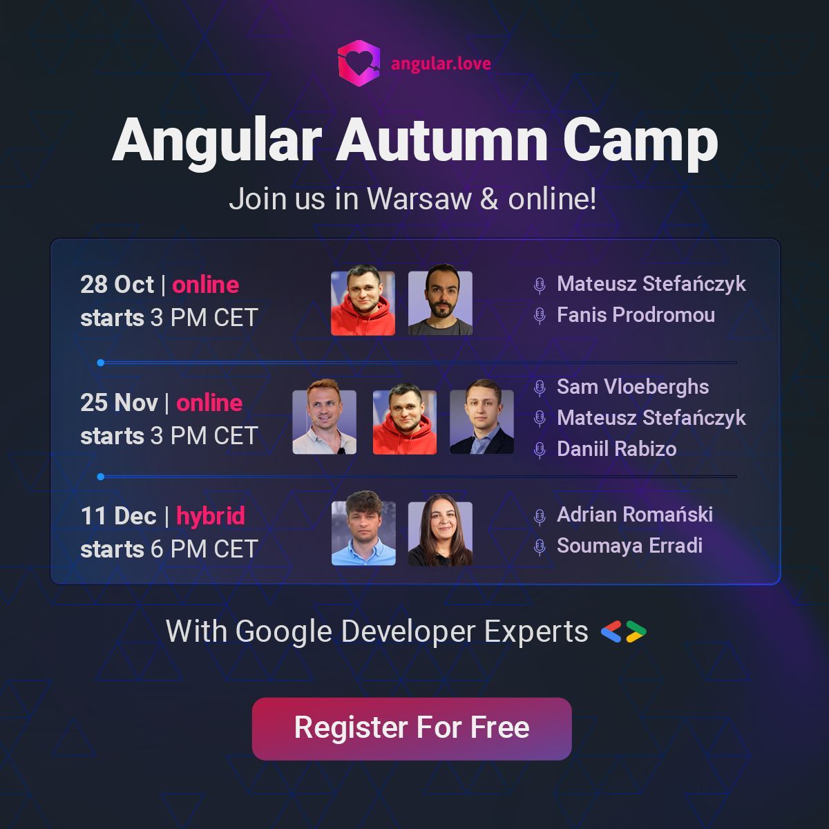 AngularLovePL's tweet image. Big announcement ‼️👀 

Angular Autumn Camp 2025 is just around the corner! 🥳

💌 Register here -&amp;gt; buff.ly/YgKFhAl 

1️⃣ October 28 | Online on our YouTube channel
🎓 Signals and a practical guide to Angular Signal Forms
🎤 @m_stefanczyk (GDE), @prodromouf (GDE)

2️⃣…