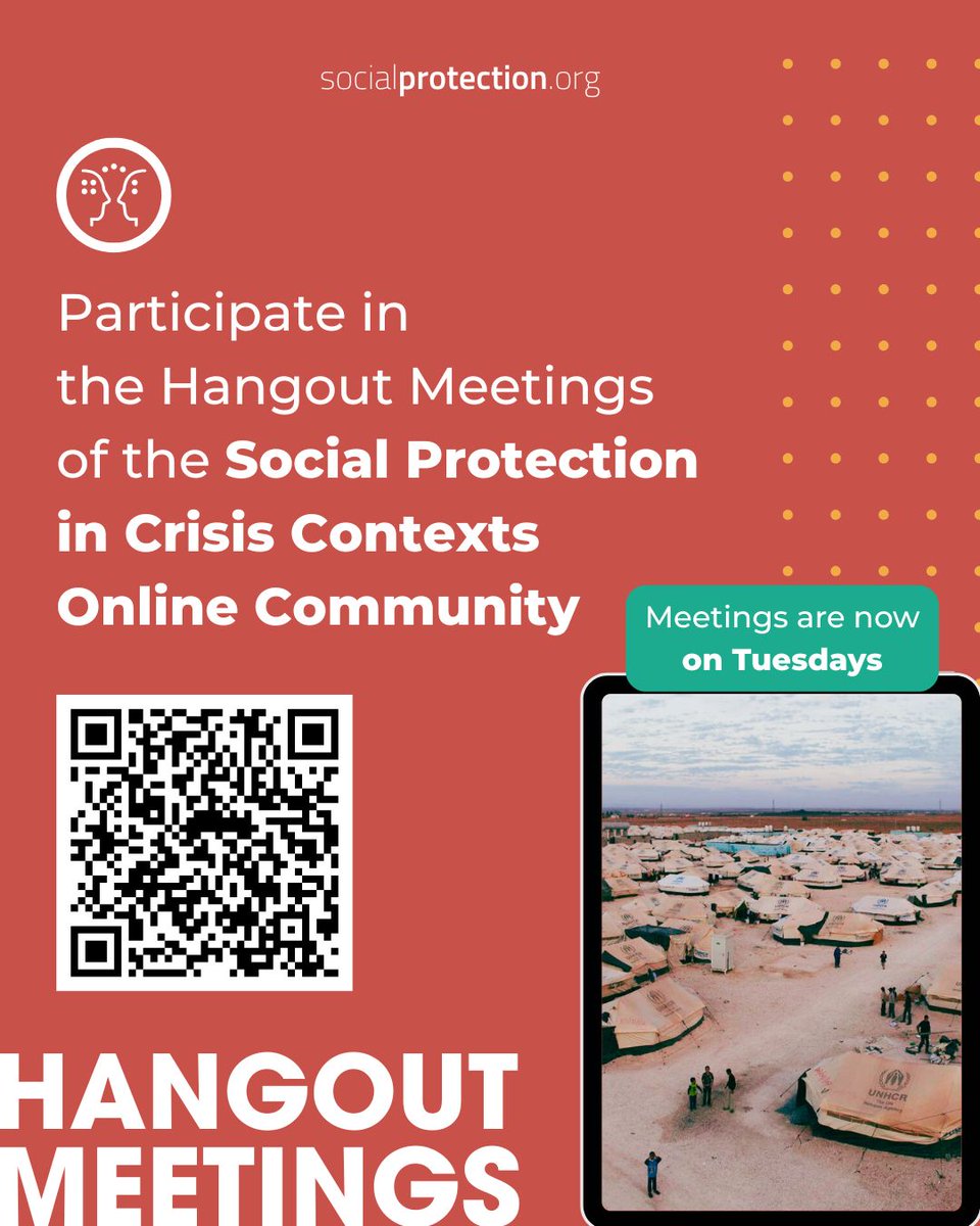 🚨You're warmly invited to join the upcoming Hangout meetings of the Social Protection in Crisis Contexts Online Community! NOW ON TUESDAYS

📅Tuesday, 7 October 
🕒 11 AM New York | 4 PM London 
🔗Register: tinyurl.com/23ptba7j 
🗣️Open Discussion
+