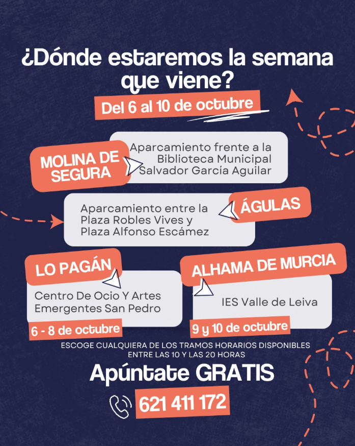 Del 6 al 10 de octubre nuestra aula móvil de Applicate Formación estará en distintos municipios acercando la tecnología y la formación digital a todos los rincones. 💻✨

📍 Molina de Segura – frente a la Biblioteca Municipal Salvador García Aguilar
📍 Águilas – entre Plaza