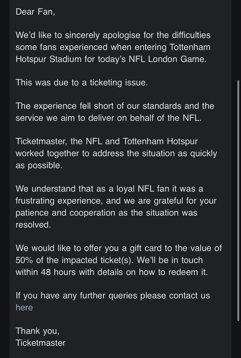 TheBigChillPod's tweet image. The NFL OnePass app crashed before the Minnesota Vikings v Cleveland Browns NFL London Game yesterday, leaving thousands of fans stranded outside of the stadium.

#Ticketmaster is compensating fans with a coupon worth 50% of the value of their tickets.

Good enough?