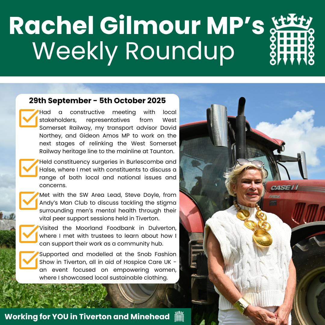 RachelGilmourLD's tweet image. Good morning, Tiverton and Minehead! 👋

Here's a snapshot of just some of what I got up to last week! 

As always, if you require advice, help, or support with an issue, please contact me and my team by emailing rachel.gilmour.mp@parliament.uk 📨

#Somerset #Devon #WorkingForYou