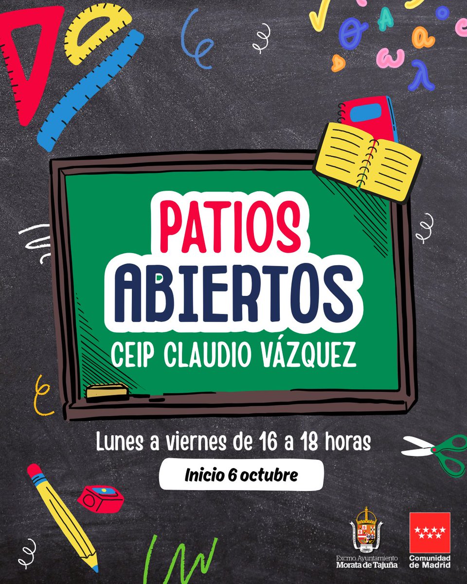 👦🏻👧🏻 ¡Llegan los Patios Abiertos a Morata! Desde esta tarde, tus hijos podrán permanecer en el colegio, de 16 a 18 horas, gracias a la nueva iniciativa de la Comunidad de Madrid para facilitar la conciliación familiar. Tus hijos se divertirán bajo la supervisión de un monitor.