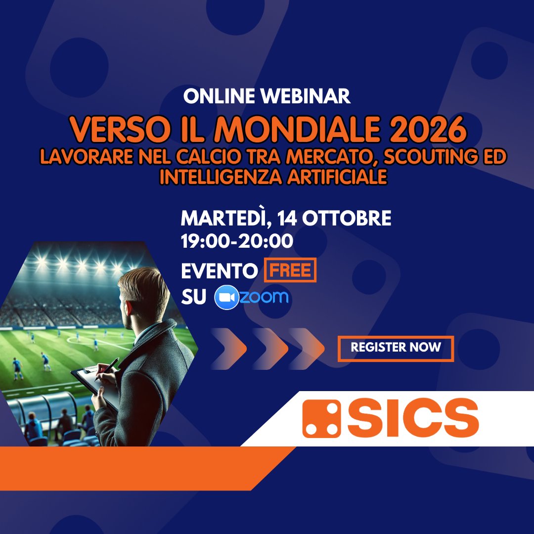 sicssport's tweet photo. ⚽🌍 Il futuro del calcio è già qui!

📢 Il 14 Ottobre partecipa al webinar gratuito:
 “Verso il Mondiale 2026 – Lavorare nel calcio tra calciomercato, scouting e IA”

#WebinarCalcio #Scouting #Calciomercato #IntelligenzaArtificiale #CorsoScouting #FormazioneCalcio https://t.co/3CilYTi3UO