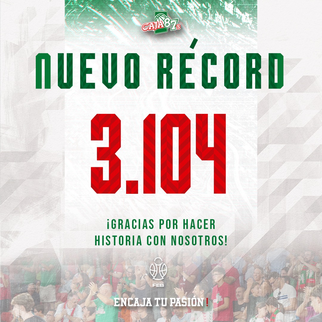 ¡Nuevo récord de asistencia en San Pablo! 🙌

3.104 personas llenaron las gradas del Palacio de Deportes San Pablo en el primer partido de liga regular y rompimos un nuevo récord de asistencia.

Gracias por hacer historia con nosotros 💚❤

#InsolacCaja87 #Encajatupasión