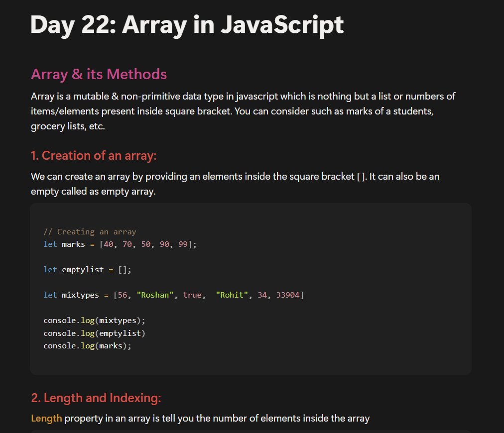 ImRoShan1845's tweet image. Day 22: JavaScript Array:
Array: &apos;Belive me!!  I am not an object&apos;.
Length, splice(), slice(), push(), pop(), unshift(), shift(), indexOf(), lastIndexOf(), spread(...), join(), sort(), flat() : &apos;We trust you bro&apos;.

#WebDev  #Defense  #strike 

@rohit_negi9