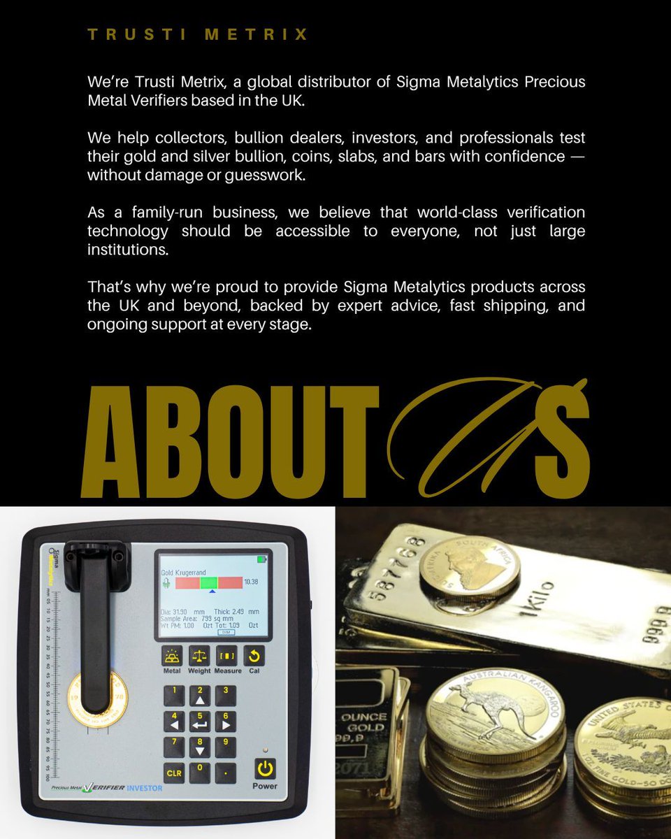 trustimetrix's tweet image. 👋 It’s been a while, so we thought we’d reintroduce ourselves…

We’re Trusti Metrix, a family-run business bringing Sigma Metalytics Precious Metal Verifiers to the UK and beyond.

#TrustiMetrix #ContactUs #SigmaMetalytics #GoldVerification #BullionTools #PreciousMetals