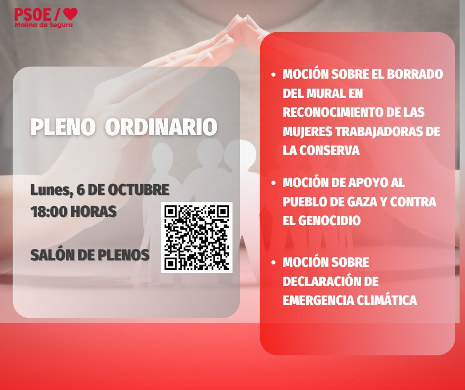 🔴Recuerda, hoy lunes,  6 de octubre #PlenoOrdinario en el Salón de Plenos del Ayuntamiento de Molina de Segura.   
⏱️A las 18 H  
📡En Directo Aquí portal.molinadesegura.es/retransmision-…

Nuestras mociones 🧵