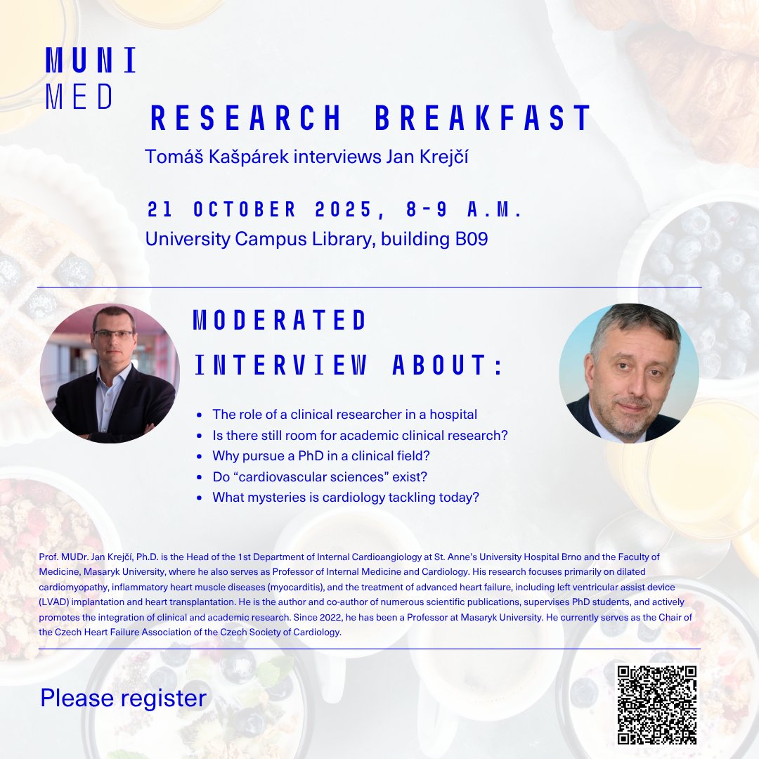 At the next Research Breakfast in October, <a href="/TK_med_muni/">Tomáš Kašpárek - oficiální</a> will welcome Jan Krejčí, Head of the I. Department of Internal Medicine and Cardioangiology at <a href="/FNUSA/">Fakultní nemocnice u sv.Anny v Brně</a>
Enjoy ☕️ and 🥐 while discussing the role of a researcher in a hospital, or exploring the mysteries of cardiology
👇