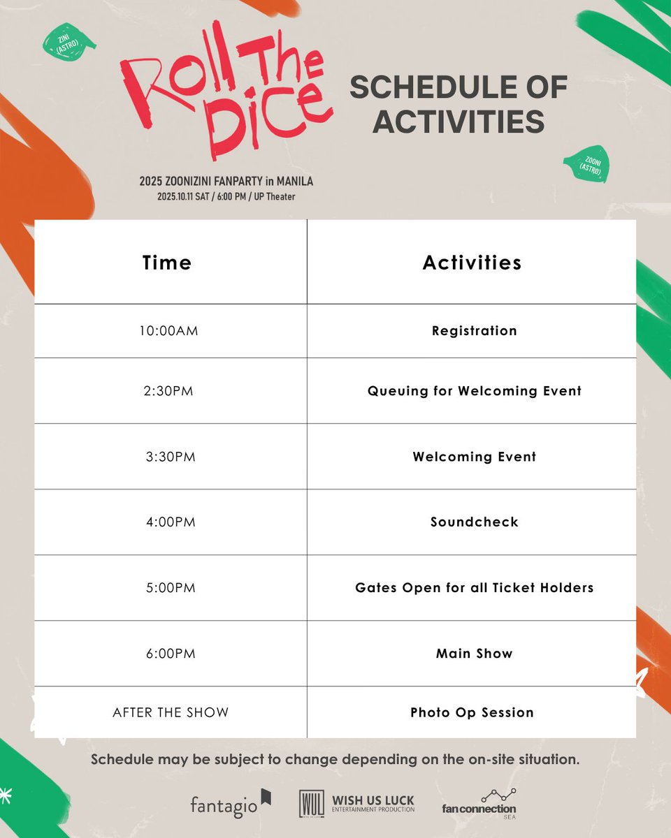 wishusluckent's tweet photo. Dear AROHAs,

Only FIVE DAYS LEFT before 2025 ZOONIZINI FANPARTY [Roll The Dice] in Manila!

Check out everything you need to know to enjoy the complete fanparty experience on October 11, 6PM at the UP Theater!

Make sure to read them carefully so you are all prepared for event day.

See you all soon!

#ZOONIZINI #DICE
#RollTheDiceinManila
#ASTRO #AROHA