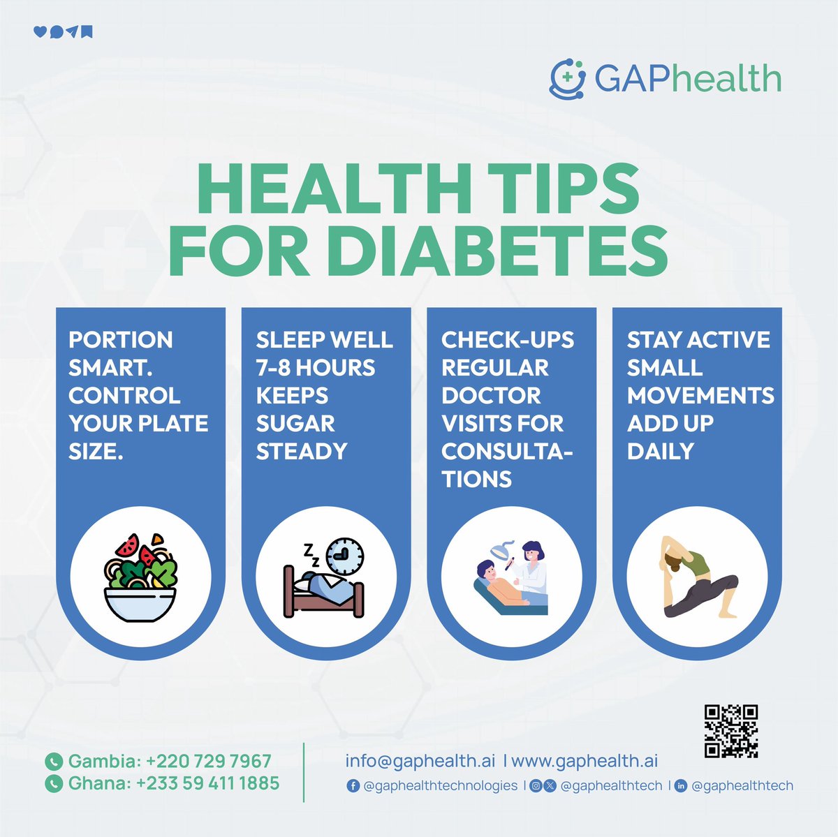 Stay in control of your health! 
Manage diabetes with smart habits, eat balanced portions, sleep well, stay active, and keep up with regular check-ups.
Small steps today, stronger health tomorrow.
#DiabetesAwareness #HealthTips #GAPhealth #Wellness