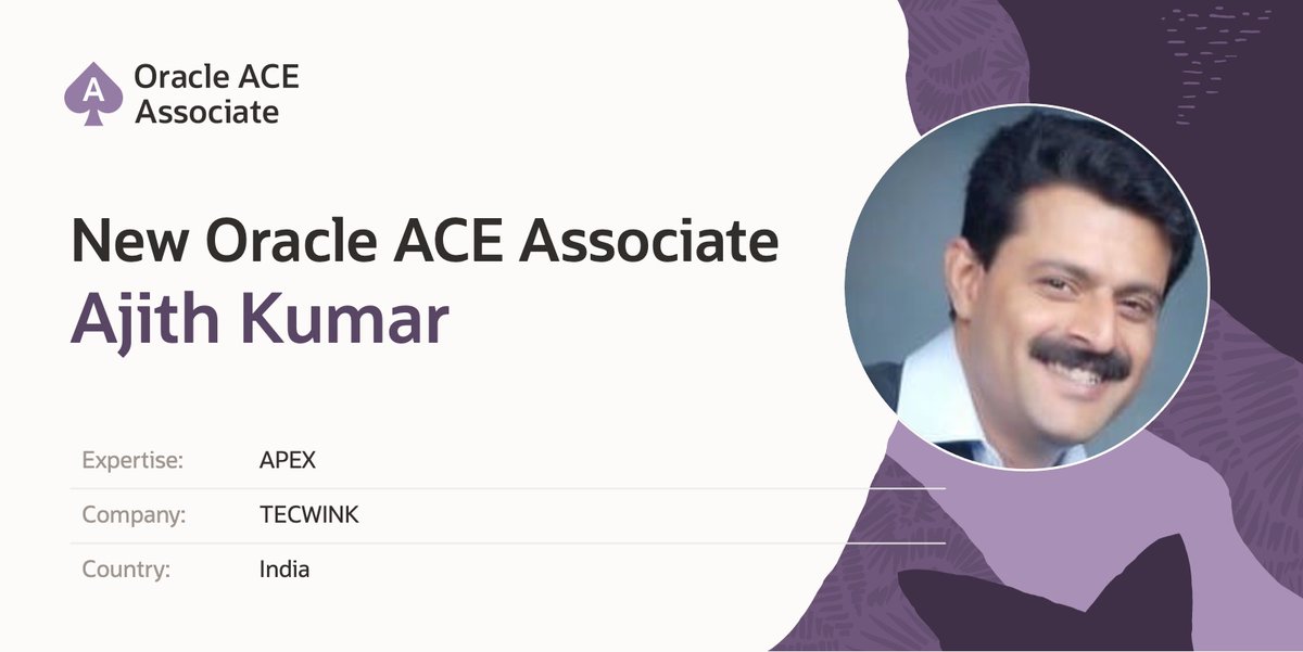 oracleace's tweet image. Thrilled to announce Ajith Kumar as a new 🇮🇳 Oracle ACE Associate! With 30+ years in business solutions and expertise in Oracle APEX &amp;amp; OCI, Ajith has transformed auto dealerships across India. Congrats on this well-deserved honor! 🌟 

Learn more: social.ora.cl/6017AWxiS…