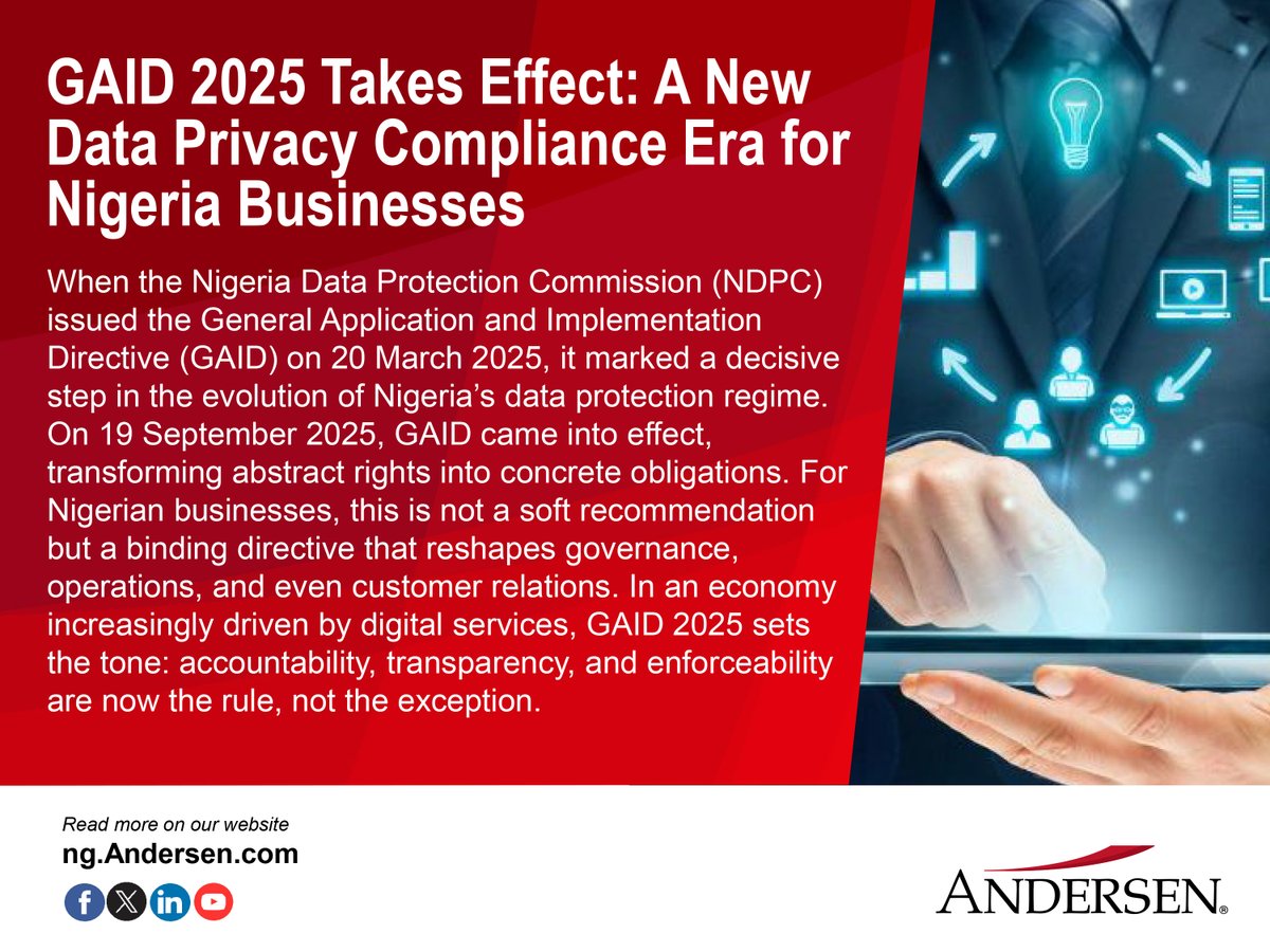AndersenNigeria's tweet image. 🚨Nigeria’s data protection landscape just changed for real. GAID isn’t just a guideline, it’s the law.

👉 Learn what it means for your business: ng.andersen.com/gaid-2025-take…

#GAID #Privacy #Data #Compliance #Andersen #AndersenNigeria