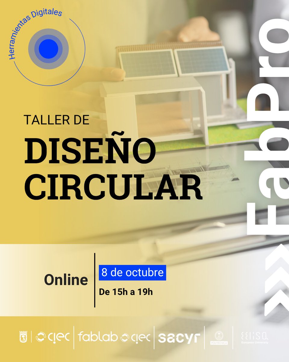 📐¿Eres diseñador o emprendedor, y te interesa la #Sostenibilidad?

En el Taller de Diseño Circular de #FabLabCIEC aprenderás a crear productos pensados para ser duraderos, reparables y reutilizables.

📅08/10
⏰15:00 a 19:00
📍#Online

¡Inscríbete!
🔗ciecmadrid.es/actividades/ta…