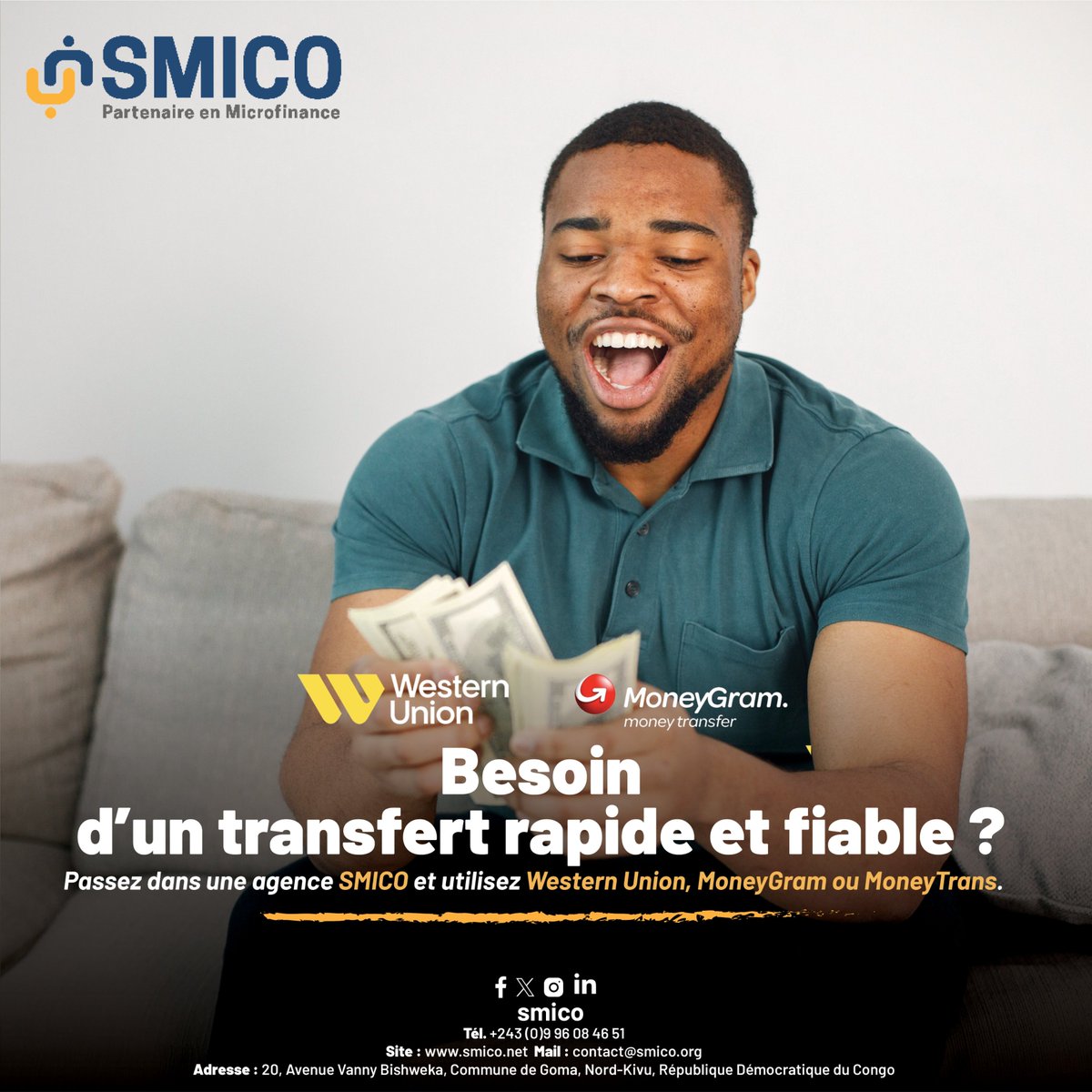 Votre argent voyage en toute confiance.

#MoneyGram #MoneyTrans #WesterneUnion #Smico
