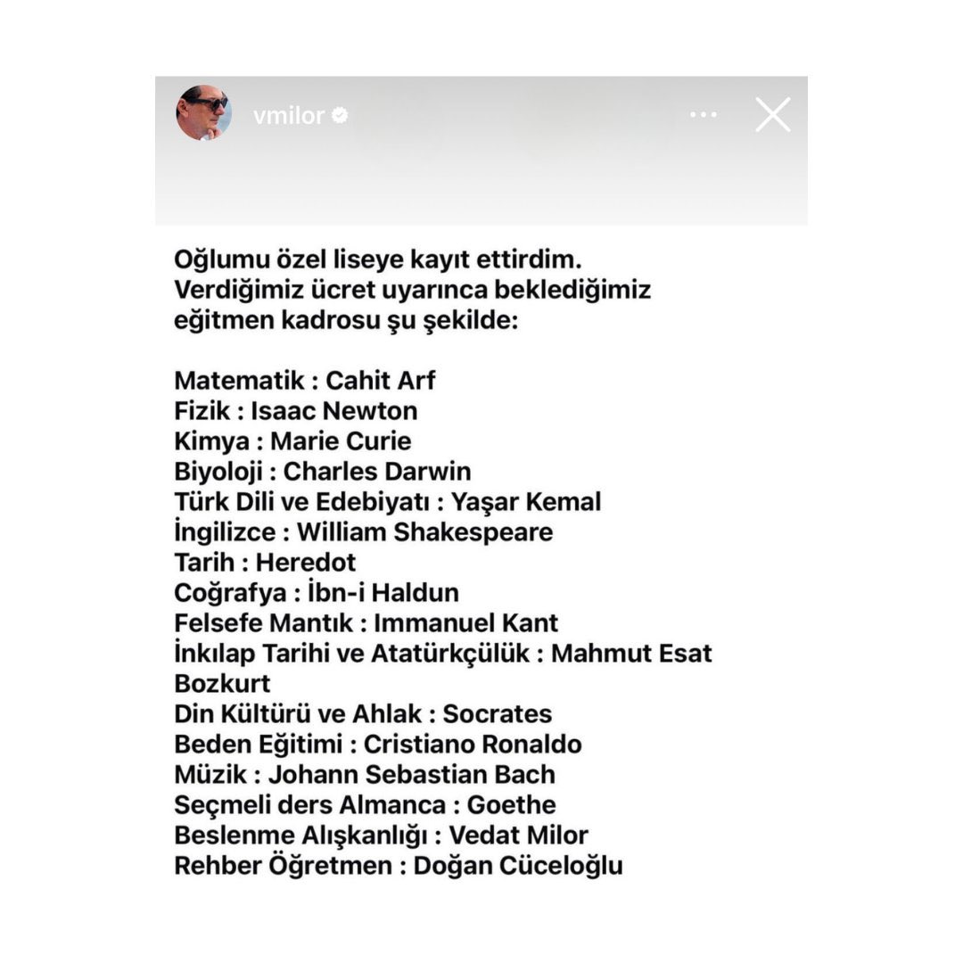 xhaber_'s tweet image. Vedat Milor: &quot;Oğlumu özel liseye kayıt ettirdim. Verdiğim ücret uyarınca beklediğimiz eğitmen kadrosu şu şekilde:&quot;
