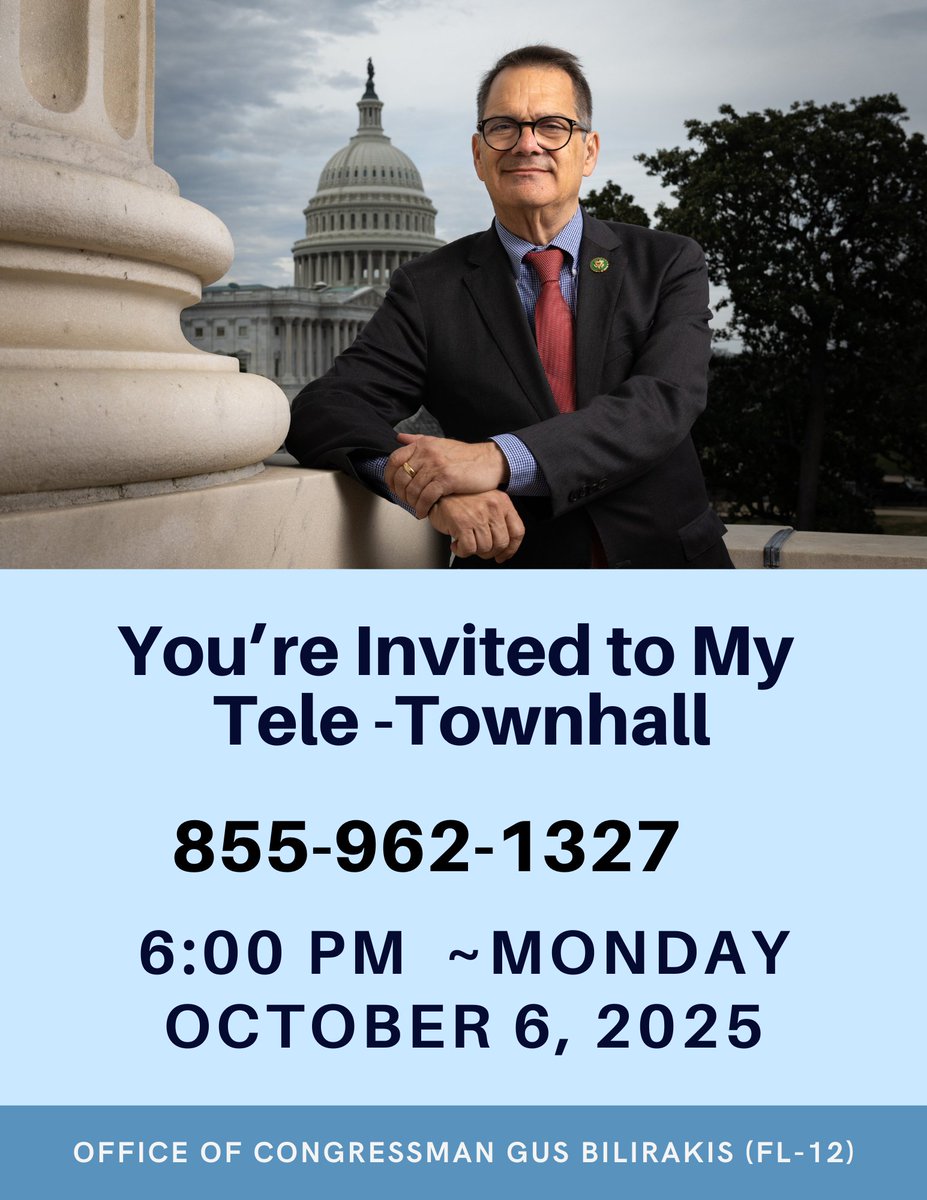 RepGusBilirakis's tweet image. Constituents of Florida’s 12th Congressional District are invited to join me tonight at 6:00 PM for a tele-townhall! I look forward to connecting with you and hearing your thoughts. Don’t miss it!