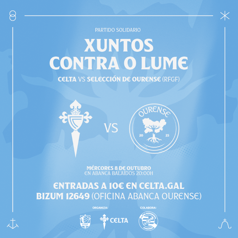 RCCelta's tweet photo. Un partido solidario do Celta e Ourense para loitar XUNTOS CONTRA O LUME 🌳

Como podo colaborar?
🎟 Entradas 10€ en https://t.co/vy4WheCSO5
📲 Bizum solidario ao 12649
📆 Este 08/10 ás 20h en Abanca Balaídos!

@futgal 🤝 @UDOurense2014