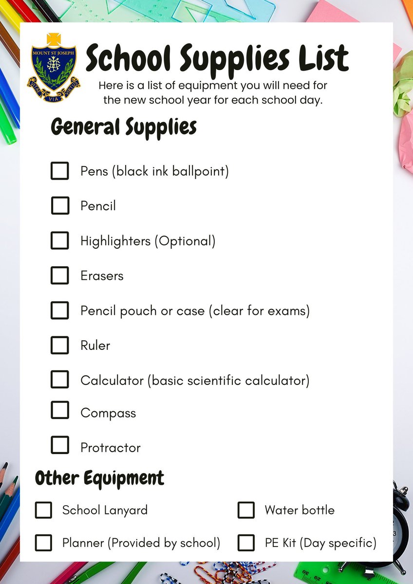 MSJBolton's tweet image. Does your child have the following items for school? These are the basic items they need to have with them on a daily basis at school. They can only succeed with the right tools. #MSJCommunity #SetUpForSuccess