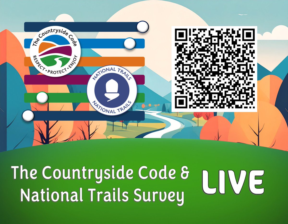 <a href="/TheCoCodeNE/">The Countryside Code</a>  &amp; <a href="/NationalTrails/">National Trails</a> Survey is LIVE!

We want your opinions on how we can make our work more engaging.

You must be over 18 to fill in this survey. It'll take 5-10 minutes, and all questions are voluntary.

Scan the QR Code or click the link:
linktr.ee/thecountryside…