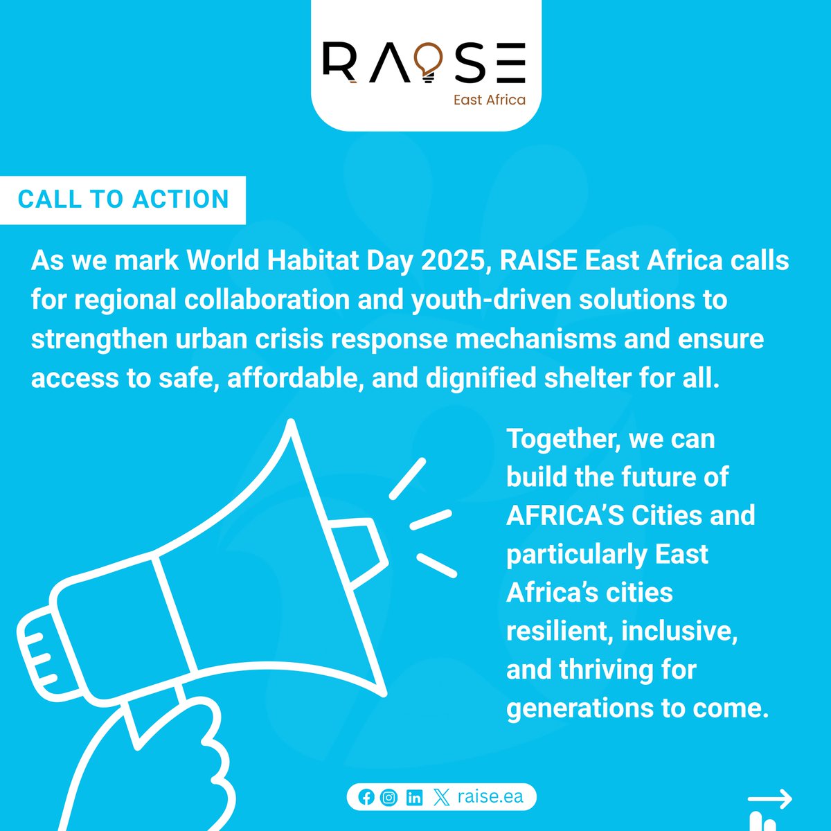 raise_ea's tweet image. Today, the world marks World Habitat Day 2025 under the theme “Urban Crisis Response.”

RAISE East Africa joins the continental call to reimagine cities that are resilient, inclusive, and sustainable, ensuring that everyone has the right to adequate shelter and opportunity.