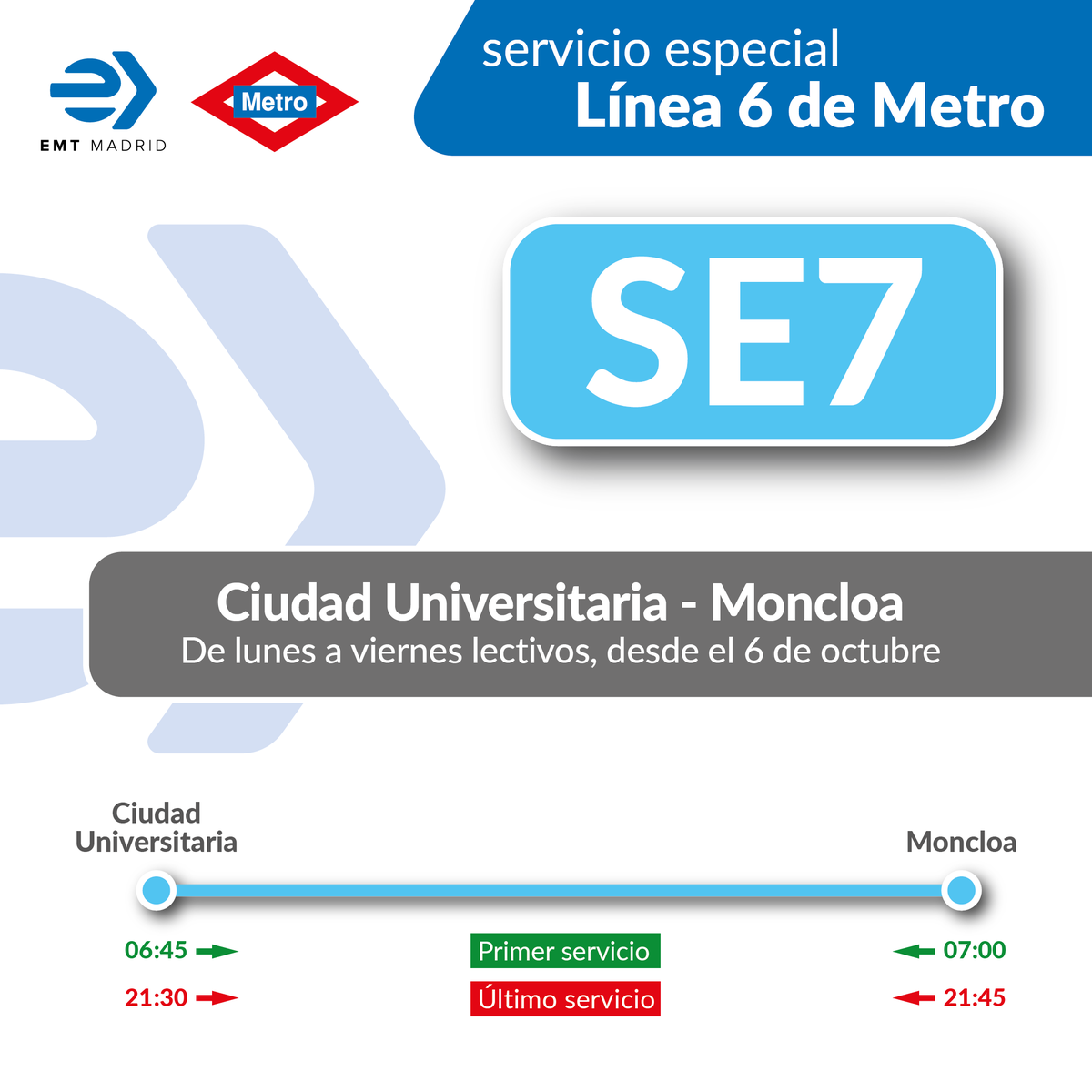 🚇 Recuerda que ya está operativo el servicio especial entre Ciudad Universitaria y Moncloa:

De lunes a viernes lectivos.

🚍 Primer servicio:
Ciudad Universitaria: 06:45h.
Moncloa: 07:00h.

🚍 Último servicio:
Ciudad Universitaria: 21:30h.
Moncloa: 21:45h.