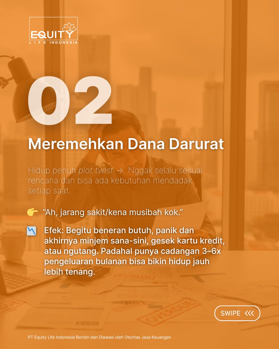 EquityLifeInd's tweet photo. Kadang masalah keuangan bukan karena gaji, tapi karena nggak sadar kebiasaan kecil yang nguras uang. Mulai dari belanja biar “nggak ketinggalan tren”, nunda nabung terus, sampai males mikirin dana darurat atau asuransi karena “merasa belum butuh”. https://t.co/NVVqAPzClJ