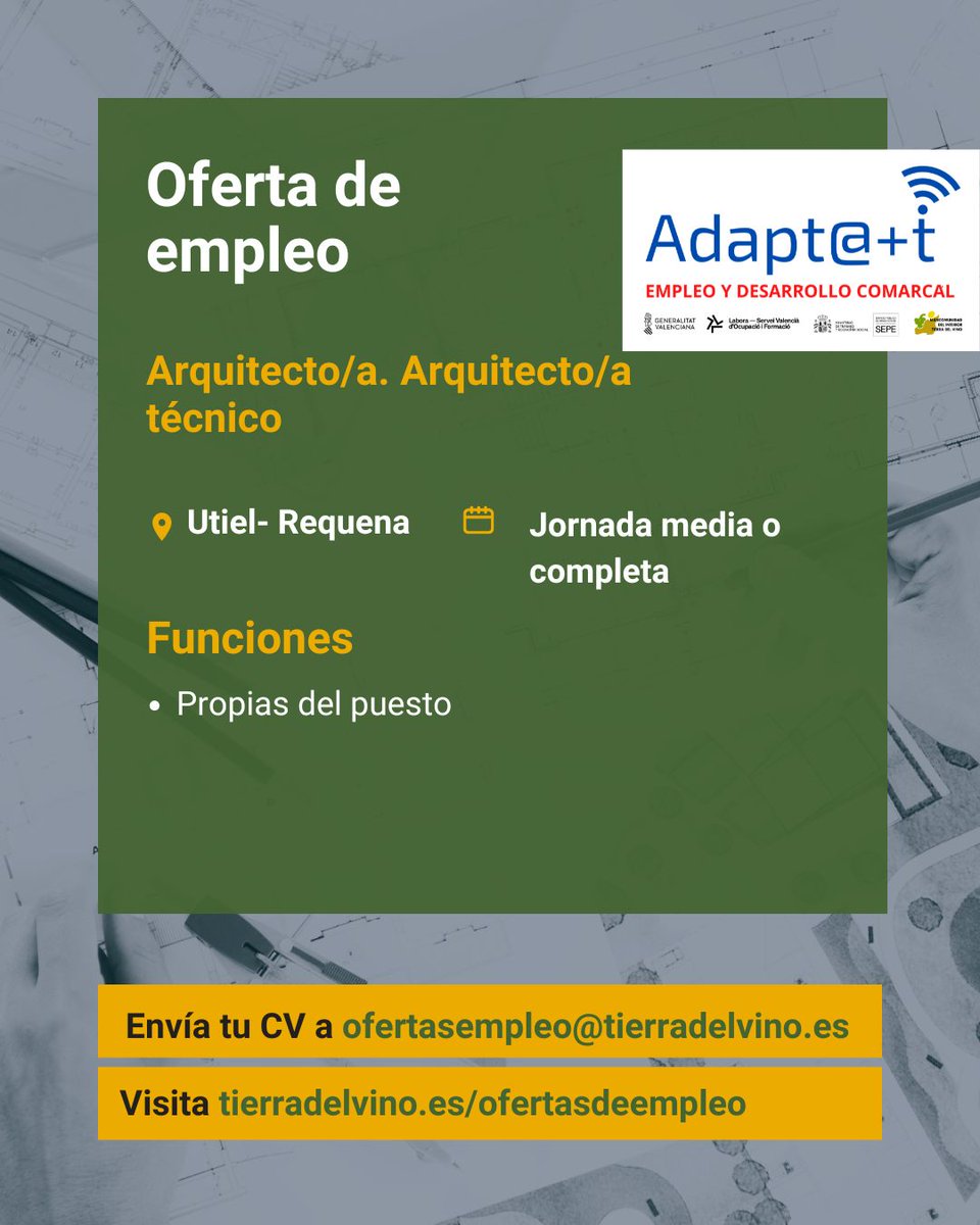 📢 Nueva oferta de #empleo en Utiel-Requena
👥 Arquitecto/a. Arquitecto/a técnico👉tierradelvino.es/aviso/arquitec…
📢 Si estás en situación de #desempleo 👉 Contacta con Adapt@+t
👥 Equipo de Adapt@+t te ayuda a mejorar tus competencias de inserción laboral 

 #Labora #Empleo